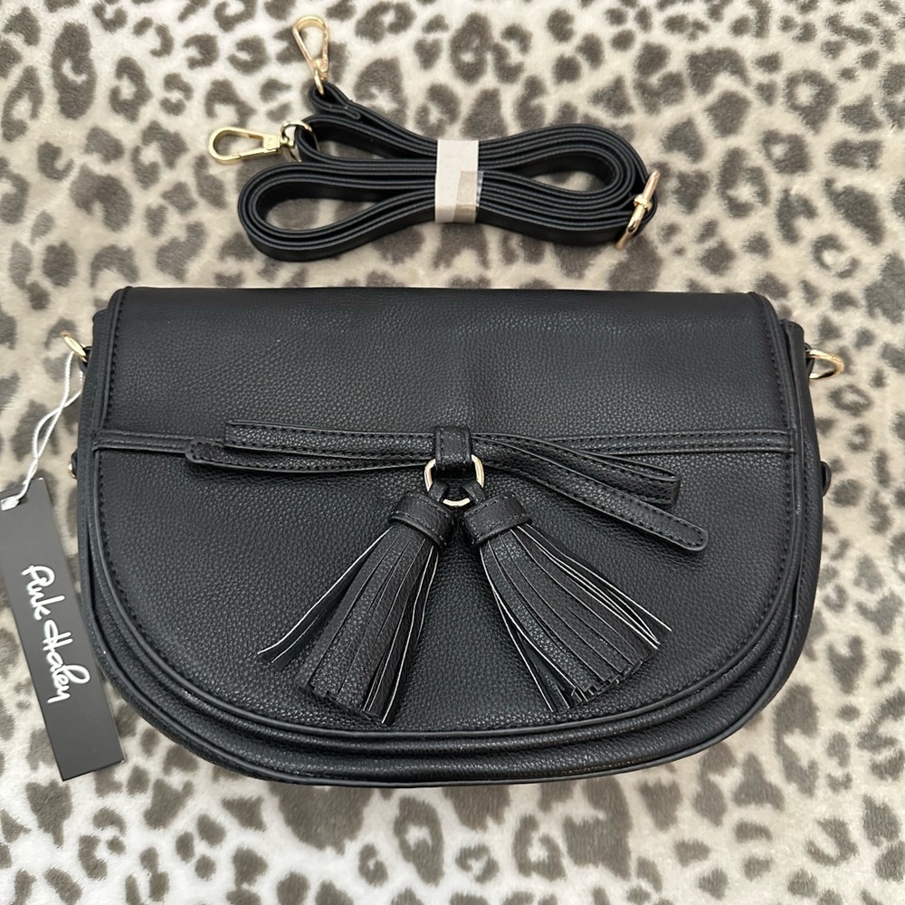 Pink Haley Faux Leather Crossbody Purse with Double Tassels in Black